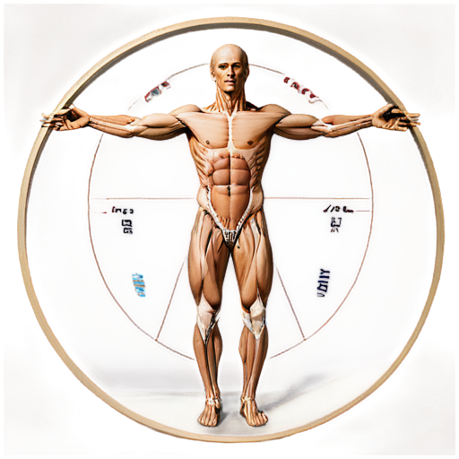 A stoic and overly muscular Vitruvian man standing in an austere circular room. His body is anatomically accurate and technically rendered, revealing every tendon, vein and muscle beneath translucent pale skin. His eyes are tightly closed, as if he is shutting himself out from the world around him. The man can be seen from the waist up, he has four arms. He holds one pair down at an angle of 45 degrees to the body, the second pair of arms is extended to the sides, parallel to the lower plane. His body appears to mirror the intricate diagrams and equations that decorate the chamber's walls, hinting at the complex systems that govern his form. - icon | sticker