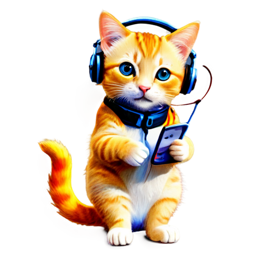 rainbow cat with headphones while holding mobile phone - icon | sticker