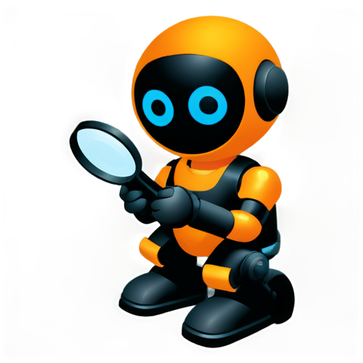 A simple robot, painted in orange and black, front and upper body, wearing a magnifying glass, squatting on the ground and marking its position with a red pen. - icon | sticker