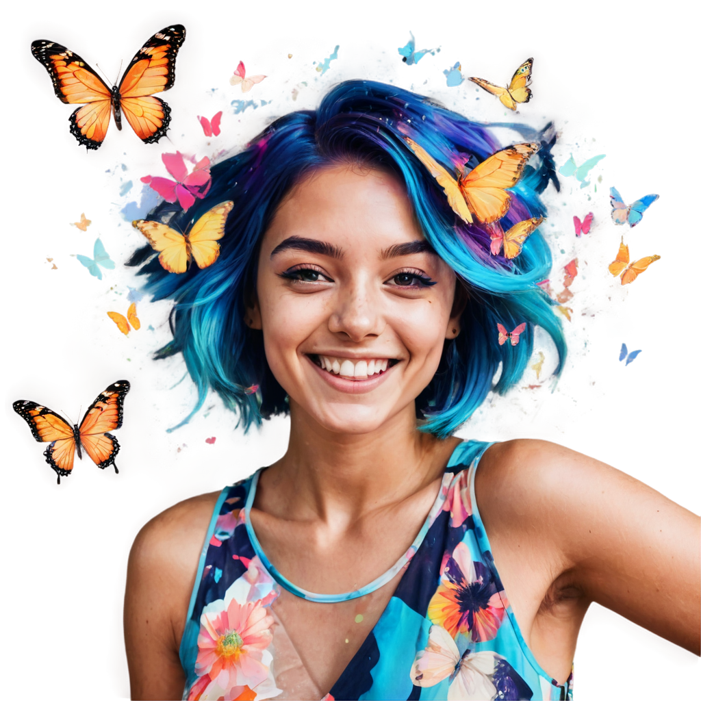 (1girl:1.4), dancing, colorful hair,hair ornament, smile,(Flower in eyes:0.6), double exposure, fussion of Fluid abstract art,glitch, (Original illustration composition), (fusion of limited color,Maximalism artstyle,Geometric artstyle,Butterflies, - icon | sticker