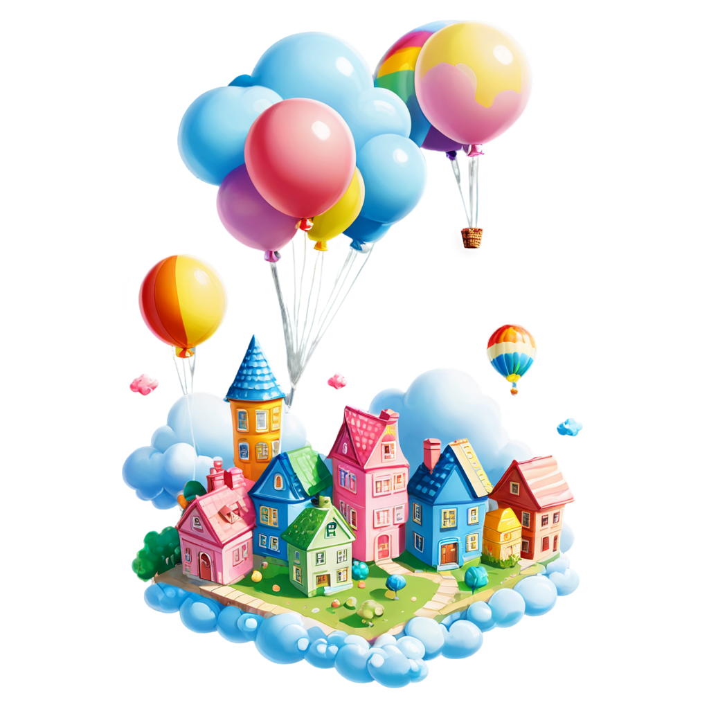 Dream style, scenery, cloud, outdoors, sky, balloon,candy-themed cityscape with pastel-colored buildings, floating candy structures, and a rainbow-colored pathway. - icon | sticker