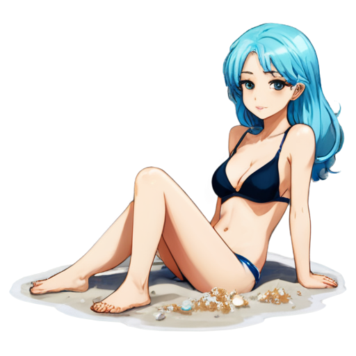 in anime style, day, girl, beautiful, blue-haired, slender, pretty, young, without shoes, on the beach, lying on the sand with her back up, heat, white sand, feeding her baby with her salt, 2d anime character, white European appearance, young - icon | sticker