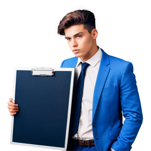 Planner Agent: Young Boss 22 years old-like figure in a suit, holding a planning board, thoughtful expression - icon | sticker