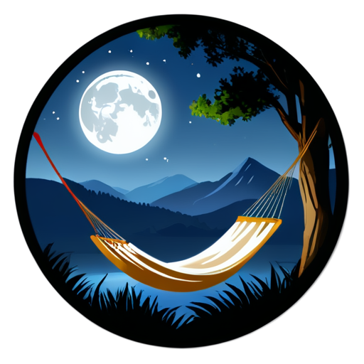 A visually appealing logo for the "Relax Rhythms" YouTube channel, featuring a circular design with a serene mountain landscape during nighttime. The towering mountains are bathed in a soft moonlight, with a cascading waterfall reflecting shimmering light. In the center, there are musical notes floating gracefully, surrounding a cozy hammock gently swaying in the breeze. The overall atmosphere of the logo is tranquil and harmonious, inviting viewers to unwind and enjoy the soothing rhythms. - icon | sticker