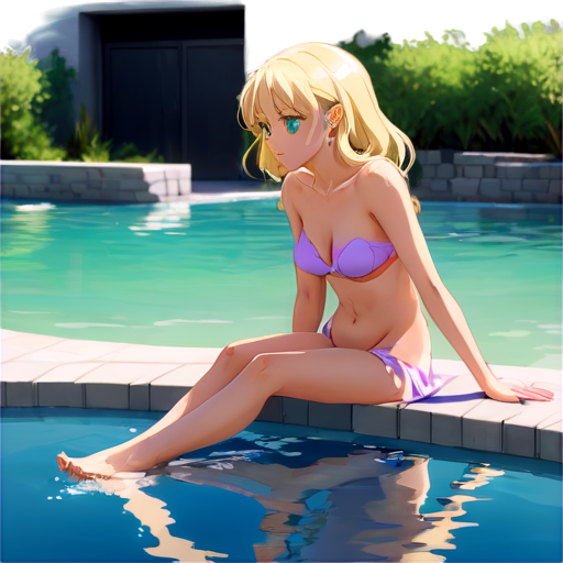 anime style, day, girl, beautiful, short stature, slender, pretty, young, without shoes, on the river, lying on the pool with her back up, heat, white sand, feeding her baby with her salt, 2d anime character, white European appearance, back end. oung anime young girl character with blond curly. She has large, expressive green eyes. teen, tiny - icon | sticker