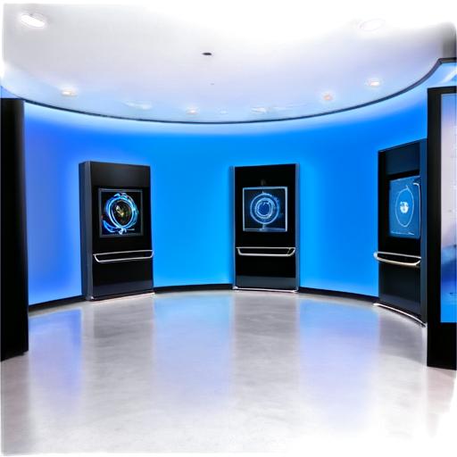 "Design a futuristic room within the embassy of country A, measuring 5.5 meters by 6.1 meters (33.6 square meters), that embodies the cutting-edge digital technology advancements of country B. The room should be dominated by a neon blue color scheme, evoking a sense of innovation and progress. Key Features: Holographic Ambassador: Place a holographic generator on the right-hand side of the room, near the entrance, which projects a life-sized, 3D image of a person dressed in a classic suit, welcoming guests. The hologram should be interactive, allowing visitors to engage with it. Digital Displays: Incorporate sleek, high-resolution screens and interactive displays throughout the room, showcasing country B's achievements in AI, cybersecurity, data analytics, and other digital technologies. Neon Accents: Use neon blue lighting to create a futuristic ambiance, highlighting the room's features and creating an immersive experience. Innovative Seating: Design futuristic, ergonomic seating areas that incorporate digital elements, such as built-in tablets or augmented reality interfaces. Country B's Digital Landscape: Visualize a large, curved screen or projection on one wall, displaying a dynamic, interactive map of country B, highlighting its digital infrastructure, major tech hubs, and innovation centers. Interactive Experiences: Incorporate hands-on exhibits or simulations that allow visitors to explore country B's digital technologies, such as virtual reality demonstrations or AI-powered art installations. Modern Art Pieces: Integrate futuristic, neon-lit art pieces or sculptures that reflect the intersection of technology and art in country B. Country B's Digital Heritage: Create a dedicated area showcasing the history and evolution of digital technology in country B, featuring interactive timelines, milestones, and notable figures. Additional Ideas: Incorporate a 'digital waterfall' or a floor-to-ceiling LED installation that displays a constant flow of data, symbolizing the rapid pace of technological progress in country B. Design a 'smart wall' that uses AI-powered sensors to adapt the room's ambiance, lighting, and content based on the number of visitors and their interests. Include a 'digital library' with interactive, virtual bookshelves that provide access to country B's digital publications, research papers, and innovation reports. Create a 'virtual reality corner' where visitors can experience country B's digital technologies in a fully immersive environment. Style: Futuristic and modern, with clean lines, minimal ornamentation, and an emphasis on functionality and interactivity. Incorporate country B's national colors and symbols subtly, to maintain a sense of cultural identity. Mood: Innovative, forward-thinking, and engaging, with a sense of excitement and discovery. Target Audience: Diplomats, government officials, business leaders, and technology enthusiasts visiting the embassy of country A. Output: A high-resolution, photorealistic image of the designed room, showcasing its futuristic features and ambiance." - icon | sticker