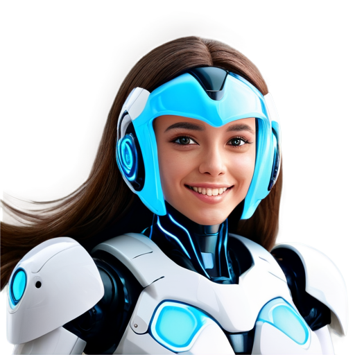 flying femine robot, shapy, long hair, brown glowing eyes, nice smile - icon | sticker