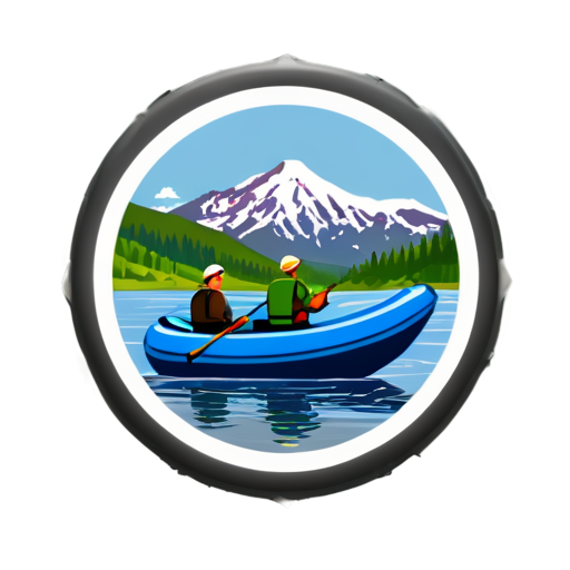 A spinning club called "Джигисты" Against the backdrop of the mountain. The fishermen themselves are on inflatable boats with fishing rods. Round logo for a chat group avatar. Джигисты - place the inscription on the picture. - icon | sticker