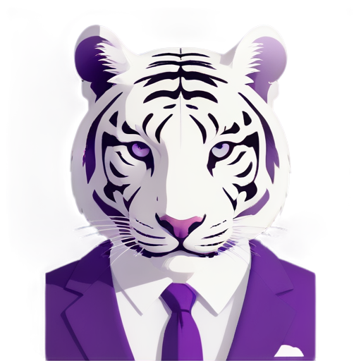 A white tiger face in a white and purple suit, synthwave aesthetic, flat - icon | sticker