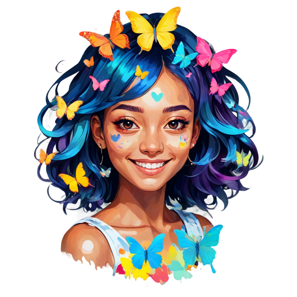 (1girl:1.4), dancing, colorful hair,hair ornament, smile,(Flower in eyes:0.6), double exposure, fussion of Fluid abstract art,glitch, (Original illustration composition), (fusion of limited color,Maximalism artstyle,Geometric artstyle,Butterflies, - icon | sticker