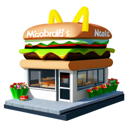 C4D_scene,burger on top,no humans,shop,outdoors,flower,day,building,road,mcdonald's, - icon | sticker