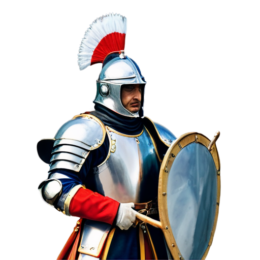 A winged Polish hussar with a shield, on his head a space helmet with an open visor from which a long nose sticks out. In the hussar's right hand is a gnarled stick, from behind his back sticks out a decorated New Year's tree. - icon | sticker