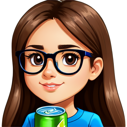 cartoon cute girl in glasses with long brown hair who loves energy drinks - icon | sticker