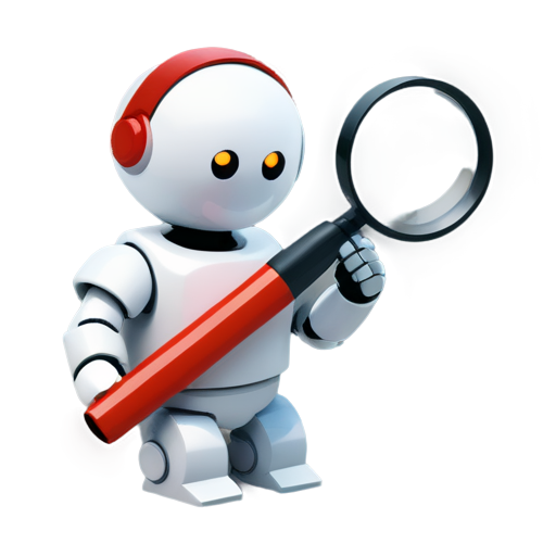 A simple robot, front, upper body, wearing a magnifying glass, squatting on the ground and marking the position with a red pen. - icon | sticker