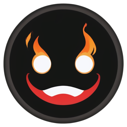 Minimalistic emoticon, Emoji black on red, Emoji on fire, scared emoticon, round thick black frame, fine details - icon | sticker
