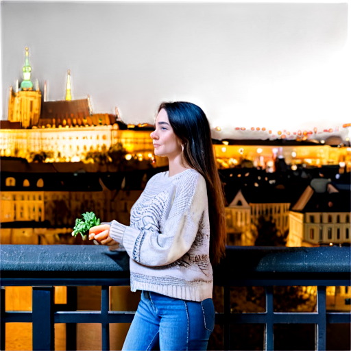 woman with carrot in her hand standing at the balcony with view of night city placed some in Prague - icon | sticker