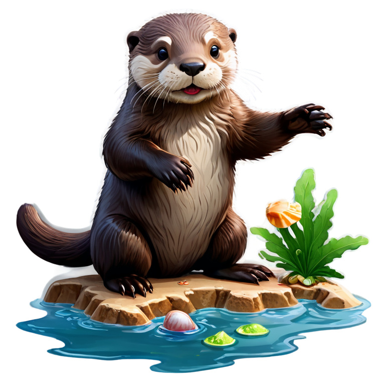 A playful otter, its body adorned with kelp and seashells, frolics in a tide pool, its movements full of joy and energy, 8k, hyperrealistic. - icon | sticker