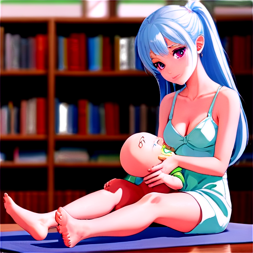 in anime style, day, girl, beautiful, light-blue-haired, slender, pretty, young, without shoes, on the library, lying on the tablewith her back up, heat, white sand, feeding her baby with her salt, 2d anime character, white European appearance, young anime young girl character with light purple, almost silver, hair styled in two low ponytails. She has pointed elf-like ears and large, expressive green eyes. teen, tiny. looking for the pink dot between legs - icon | sticker