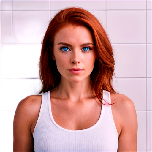 A beautiful, red-haired woman with a full chest pose in front of a white tiled wall, wearing a white tank top and blue eyes. - icon | sticker