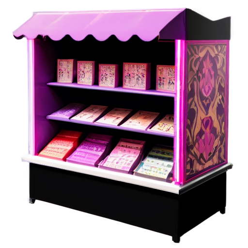 A Bazaar Stand featuring Pink and Purple colors only set againts a black background. Selling board games - icon | sticker