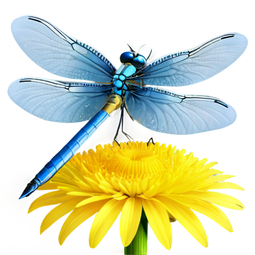 3D icon small blue dragonfly with transparent blue wings sitting on a big fluffy yellow dandelion flower detailed - icon | sticker