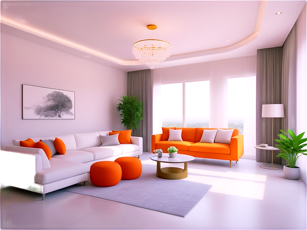 French cream style, living room design, orange sofa, orange shading curtain, gray carpet, marble coffee table, plant decoration, (David statue decoration), simple round chandelier, living room partition, landscape, interior, white ceiling, sunlight, CG rendering, (depth of field), Fukuda's work, - icon | sticker