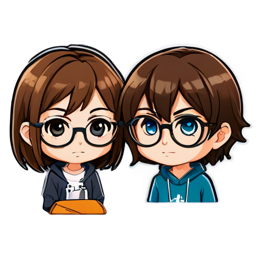 Girl (with short balck hair and glasses) and Guy (long brown hair) friends gaming - icon | sticker