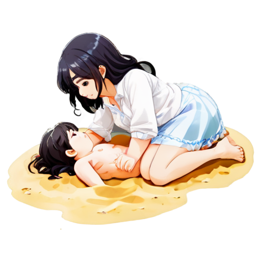 lying on the sand with her back up, heat, white sand, feeding her baby with her salt, in anime style, 2d anime character, white European appearance, young, day, girl, beautiful, dark-haired, curved, slender, pretty, young, without shoes, on the see, - icon | sticker