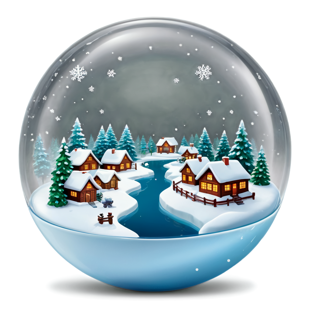A miniature world encapsulated in crystal clear glass, swirling with fluffy white snowflakes and a tranquil village scene beneath, waiting to be disturbed by a gentle shake. - icon | sticker