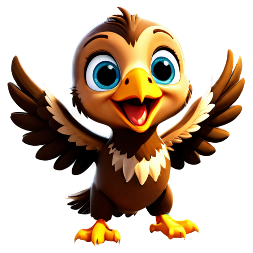 Cute 3D Cartoon Baby Eagle soaring. Adorable 3D cartoon baby eagle with open wings, expressing joy and excitement. Ideal for children education - icon | sticker