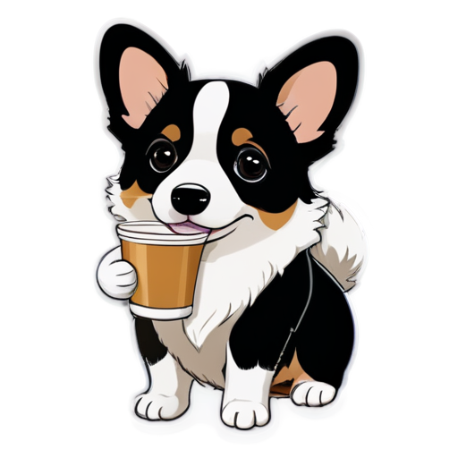 black and white corgi cardigan, cheno-white color, with a cup of coffee in his paws. - icon | sticker