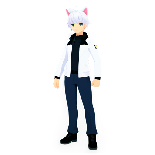 This happy and cheerful 3D Genshin Impact, femboy happy gamer boy has short, blocky, white hair with a cyberpunk style, including a yellow left eye and a pink right eye. His hair features pink and yellow streaks to match his eyes. He wears a sleek white jacket with intricate designs and accessories like animal ears, bows, and hair ornaments, all in vibrant colors. His outfit and accessories glow softly, adding a futuristic touch. He also has a blocky tail matching his hair and eye colors. He's surrounded by a background resembling the blocky world of Minecraft, he could have space-themed accessories like stars, planets, or galaxies, and his jacket could have cosmic patterns. To reflect Genshin Impact, he could hold a pixelated weapon or have a pixelated character as a pet. - icon | sticker