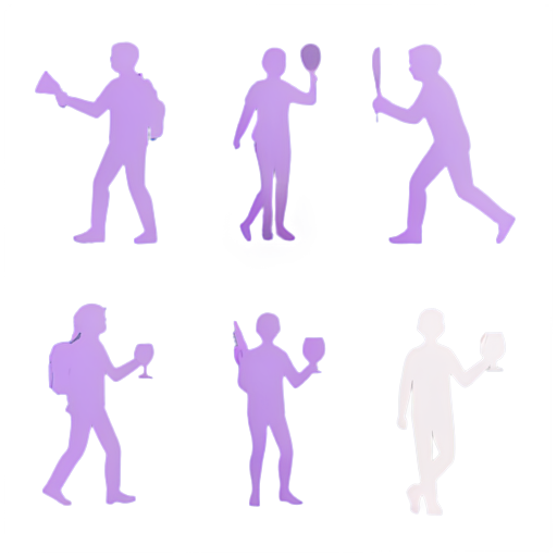 a group of 8 icons representing various activities such as hiking, cooking, drinking wine, playing tennis. Each icon should be flat style, and single colour (purple) on a white background - icon | sticker