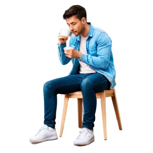 one man is sitting on a chair，tasting a cup of coffe. and use the camera to take photo - icon | sticker