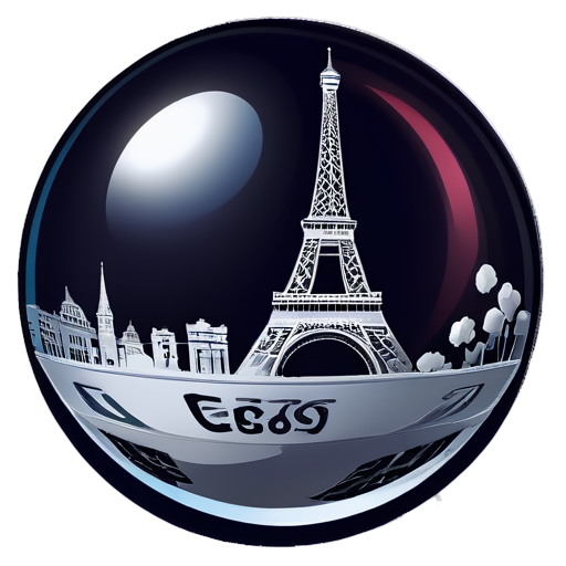 Transparent glass sphere without any base or stand, with Paris inside sphere and olympic games - icon | sticker