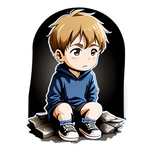 A young boy in grave darkness with sadness, crying from his eyes with tears,full broken - icon | sticker