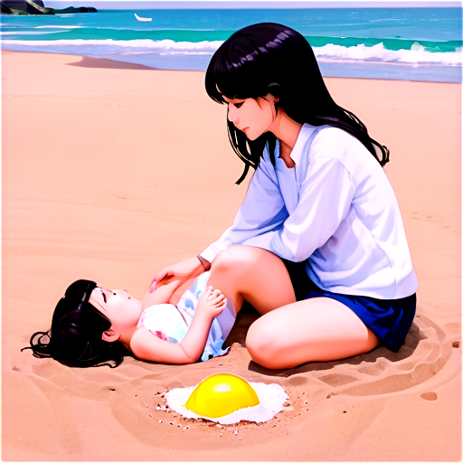 in anime style, day, girl, beautiful, dark-haired, curved, slender, pretty, young, without shoes, on the see, lying on the sand with her back up, heat, white sand, feeding her baby with her salt, 2d anime character, white European appearance, young, - icon | sticker