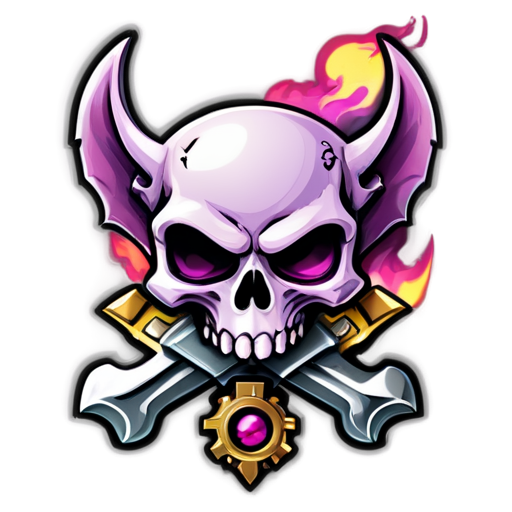 A furry skull burning in a purple-pink flame, behind which is a bat and a steampunk wrench folded into a cross - icon | sticker