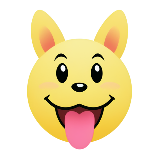 This image depicts a cartoon-style emoticon or emoji face that resembles a dog or animal character. The face has a yellow background or color, representing the face itself. It has large, oval-shaped eyes with circular pupils, giving it an expressive and friendly look. The mouth is open, showing a pink tongue sticking out in a playful or happy expression. The face also has pointed ears at the top, resembling those of a dog or cat-like creature. Overall, the image conveys a sense of joy, playfulness, and an adorable or cute character design. - icon | sticker