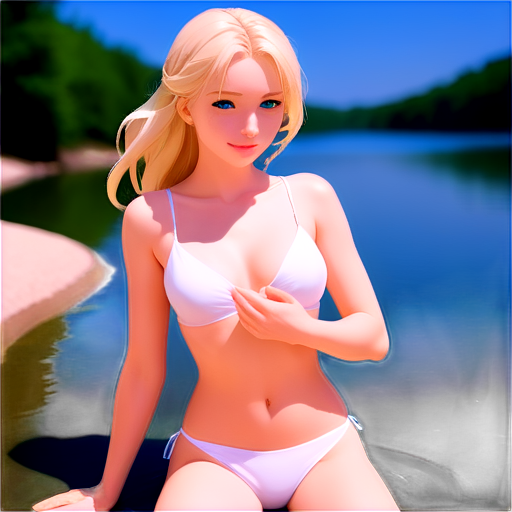 in anime style, day, girl, beautiful, short stature, slender, pretty, young, without shoes, on the river, lying on the pool with her back up, heat, white sand, feeding her baby with her salt, 2d anime character, white European appearance, back end. oung anime young girl character with blond curly. She has large, expressive green eyes. teen, tiny - icon | sticker