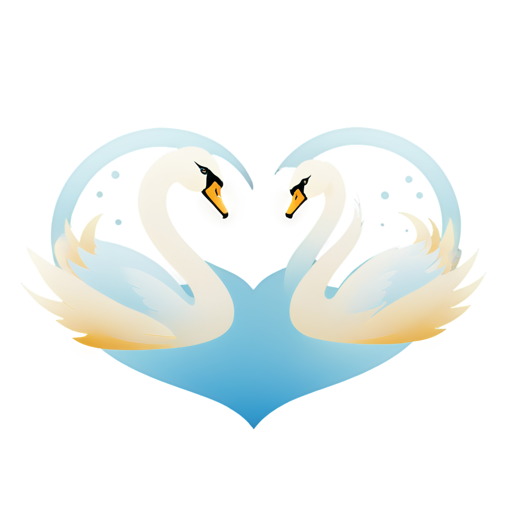 (badge design: 1.3), Swans forming a heart shape on a lake, surrounded by lilies. Elegant color scheme of white, gold, and light blue. Terada Katsuya inspired style with gradient colors, simple solid color background. Cartoon cute art style, - icon | sticker