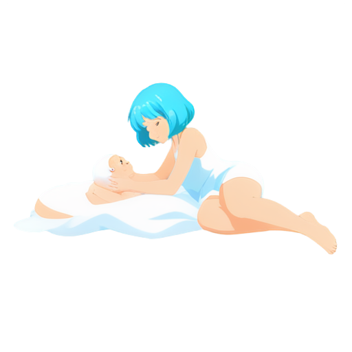 in anime style, day, girl, beautiful, light-blue-haired, pretty, young, without shoes, on the cosy room, lying on the bad with her back up,feeding her baby with her salt, 2d anime character, white European appearance, young - icon | sticker