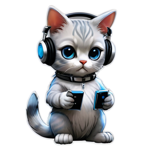 scifi cat with headphones while holding mobile phone - icon | sticker