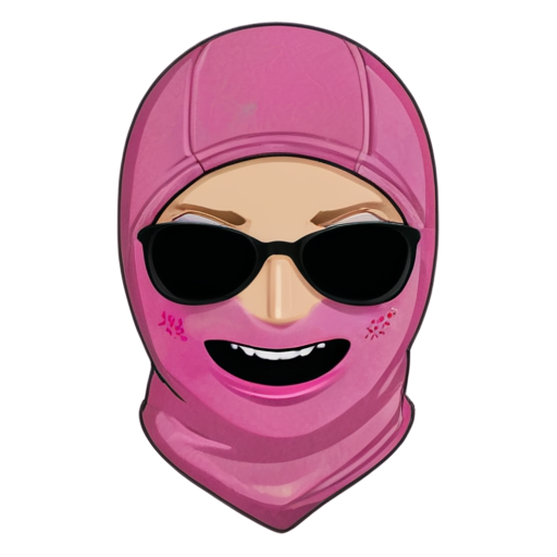 head in a pink mask balaclava, male type, blue eyes and lips visible, laughing - icon | sticker