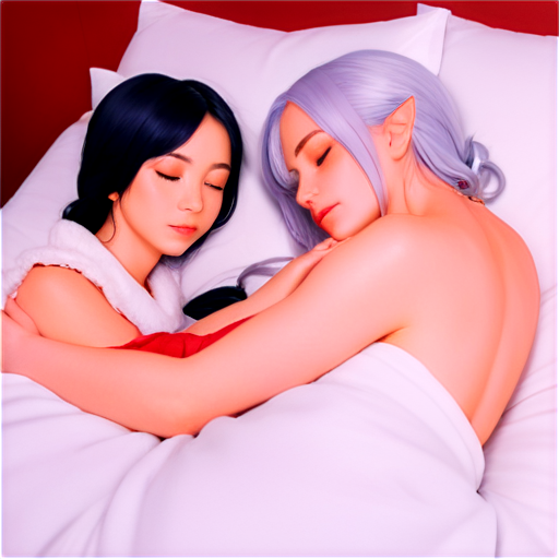 in anime style, day, girl, beautiful, silver-haired, pretty, young, without shoes, on the cosy room, lying on the bad with her back up,feeding with her salt, 2d anime character, white European appearance, two anime-style characters in a calm and intimate setting. The character in the foreground has long, silver or light purple hair,2 ponytails, pointed elf-like ear. Her eyes are closed, and she appears relaxed. as detailed as possible, wet and dripping in a cozy, dimly lit room. There's a gentle and caring atmosphere between the two characters, - icon | sticker