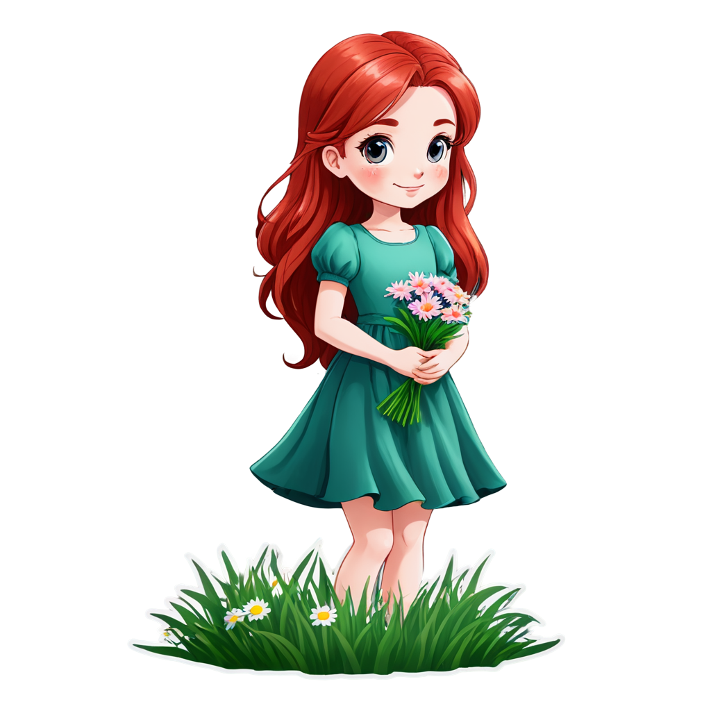 a girl with bright red hair,wearing a dress and holding a bouquet of flowers,standing in a field of tall grass with a soft breeze blowing through,close up. - icon | sticker