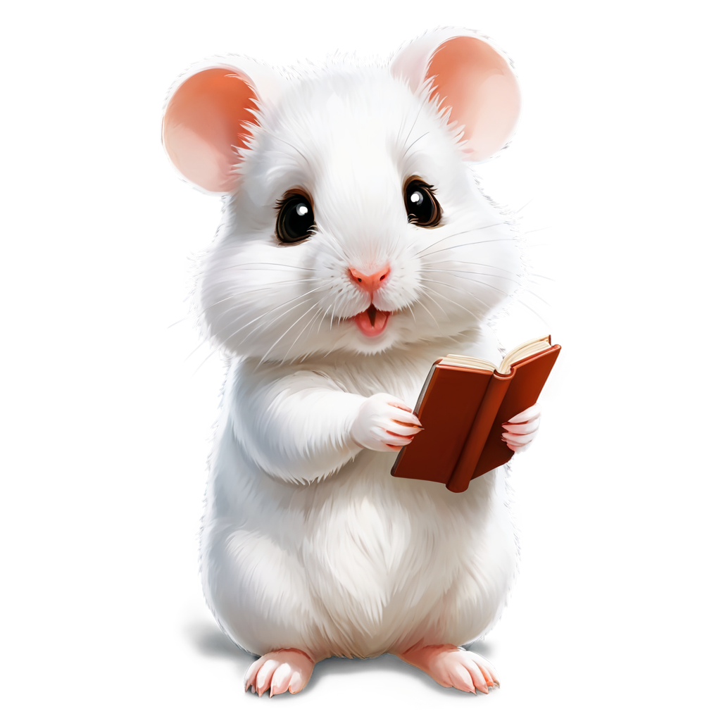 kawaiilogos,a cute little white hamster, animal focus, ribbon bow on head, fluffy, on a desk, holding a book, reading a book, looking up, curious face,adorable kawaii, chibi, muxiaobai, - icon | sticker