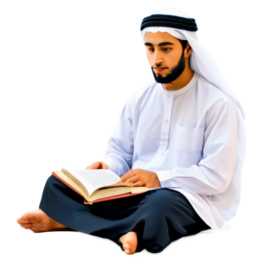 Draw a flat art cartoon Qur’an teacher reading the Holy Qur’an while sitting as an Arab Muslim - icon | sticker