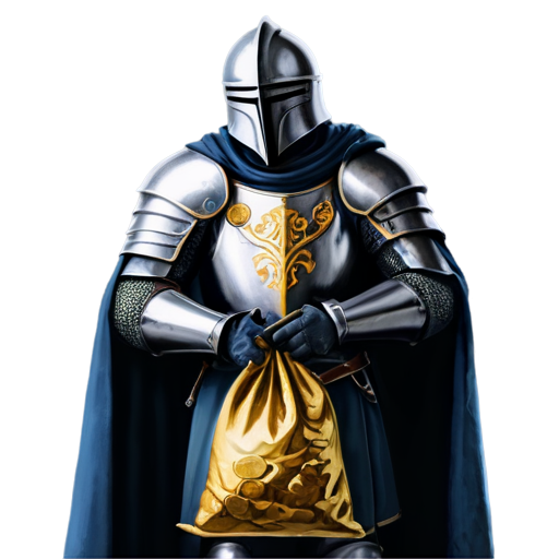 artistic art style medieval knight holding sack of gold coins - icon | sticker