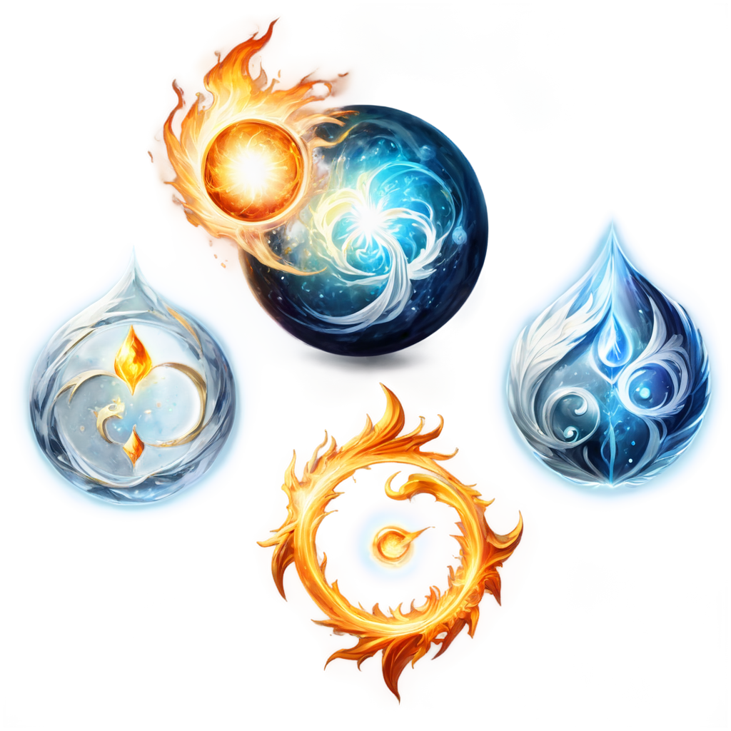 ethereal fantasy concept art of symbols of,4 Elements,(water),(wind),(fire),(earth), . magnificent, celestial, ethereal, painterly, epic, majestic, magical, fantasy art, cover art, dreamy - icon | sticker